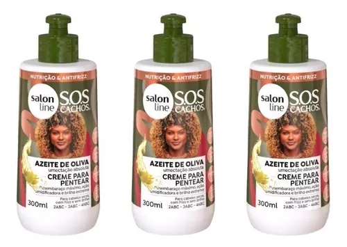 A imagem mostra três produtos da Salon line, um creme de pentear s.o.s azeite de oliva, onde representa o tema "Descubra os melhores Cremes Salon Line para Cachos".