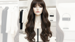 mostra uma boneca com uma peruca cabelos ondulado e castanho 