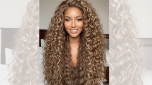 Mulher com cabelo cacheado longo com cor castanha mel