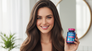 Mulher cabelos longos e castanho escuro segurando um fraco do produto néo química 