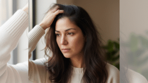 Mulher mostrando seu cabelo que está caindo