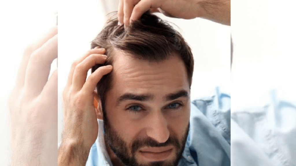Homem mostrando as ué seus cabelos estão caindo