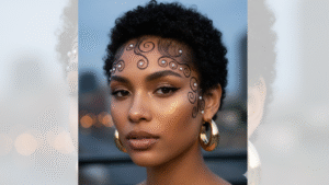 Imagem mostra uma mulher com cabelo preto curto com penteado baby hair 