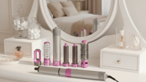 A imagem mostra uma penteadeira em cima dela está a escova 5 em 1