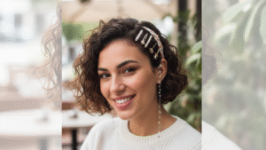 Imagem mostra mulher cabelo curto com acessórios no cabelos